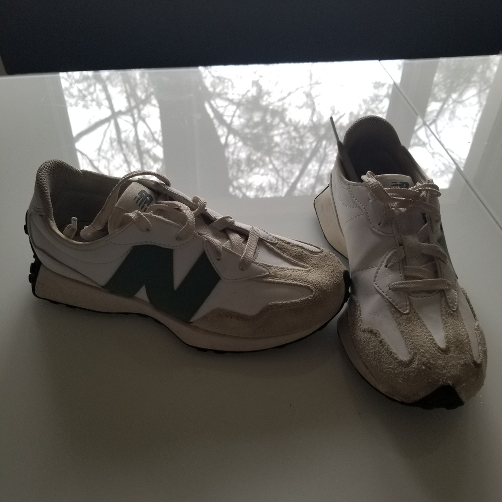 Big Girls Size 4.5 New Balance White Sneakers with Green 'N' Accent